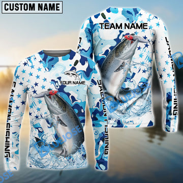 Bluejose Salmon Fishing Blue White American Flag Custom Name & Team Name 3D Shirts