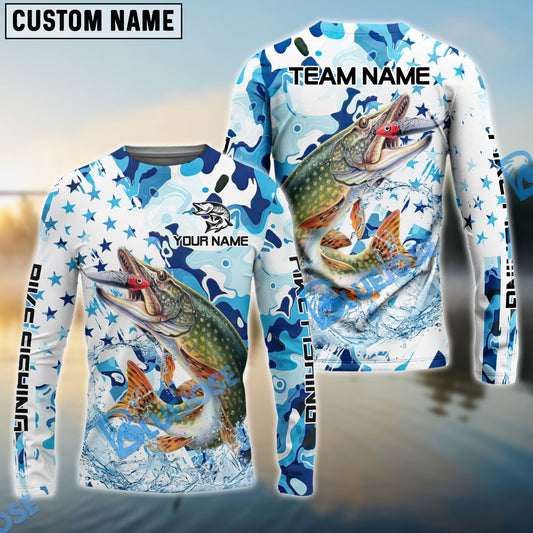 Bluejose Pike Fishing Blue White American Flag Custom Name & Team Name 3D Shirts