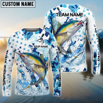 Bluejose Tuna Fishing Blue White American Flag Custom Name & Team Name 3D Shirts