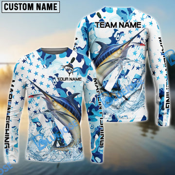 Bluejose Marlin Fishing Blue White American Flag Custom Name & Team Name 3D Shirts