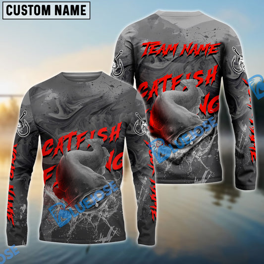 Bluejose Catfish Fishing Red Gray Blur Custom Name & Team Name 3D Shirts