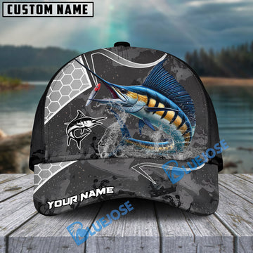 BlueJose Marlin Fishing Gray Camo Sport Personalized Cap