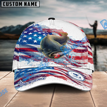 BlueJose Catfish Fishing Watercolor USA Flag Personalized Cap