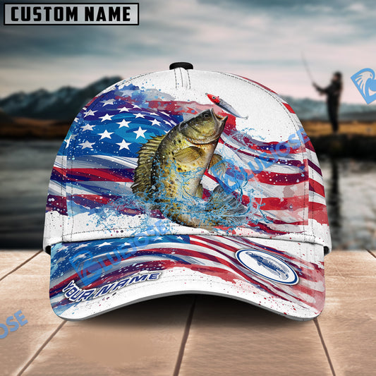 BlueJose Crappie Fishing Watercolor USA Flag Personalized Cap