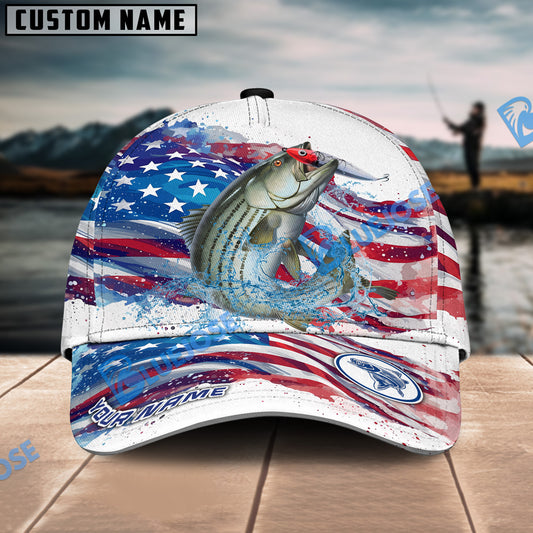 BlueJose Striped Bass Fishing Watercolor USA Flag Personalized Cap