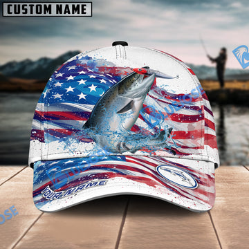 BlueJose Salmon Fishing Watercolor USA Flag Personalized Cap