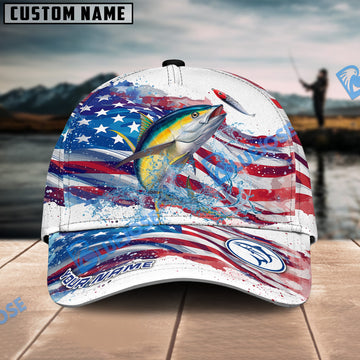 BlueJose Tuna Fishing Watercolor USA Flag Personalized Cap