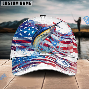 BlueJose Marlin Fishing Watercolor USA Flag Personalized Cap