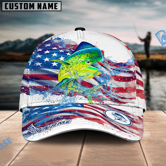 BlueJose Mahimahi Fishing Watercolor USA Flag Personalized Cap