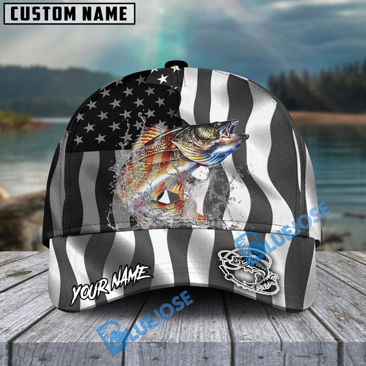 BlueJose Walleye Fishing Black American Flag Sport Personalized Cap