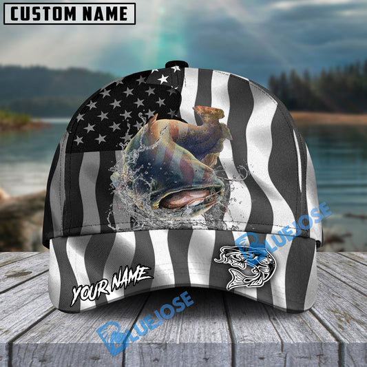 BlueJose Catfish Fishing Black American Flag Sport Personalized Cap