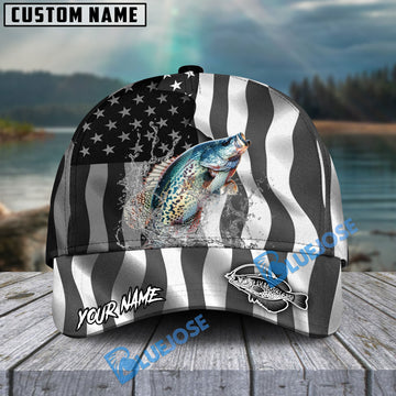 BlueJose Crappie Fishing Black American Flag Sport Personalized Cap