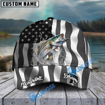 BlueJose Striped Bass Fishing Black American Flag Sport Personalized Cap