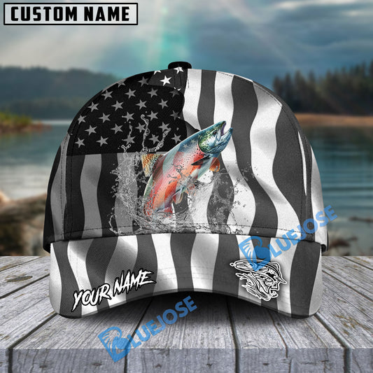 BlueJose Salmon Fishing Black American Flag Sport Personalized Cap