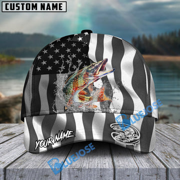 BlueJose Pike Fishing Black American Flag Sport Personalized Cap