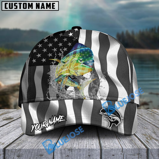 BlueJose Mahimahi Fishing Black American Flag Sport Personalized Cap