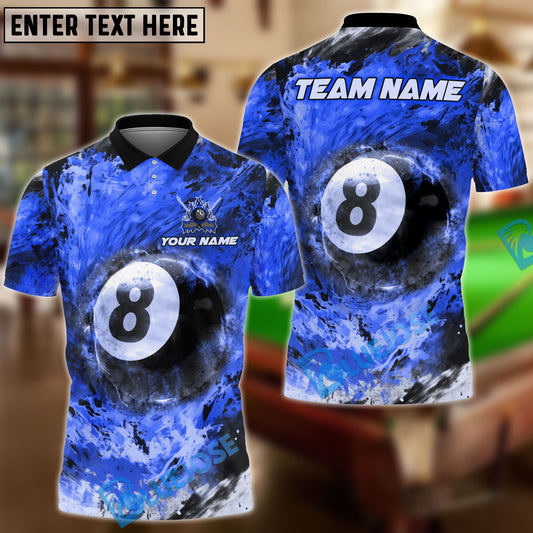 BlueJose Billiards 8 Ball Flame Inferno Personalized Name, Team Name Shirt (4 Colors)