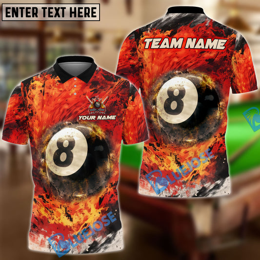 BlueJose Billiards 8 Ball Flame Inferno Personalized Name, Team Name Shirt (4 Colors)