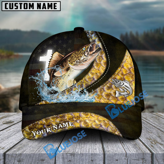 Bluejose Walleye Fishing Cross American Skinfish Pattern Personalized Cap