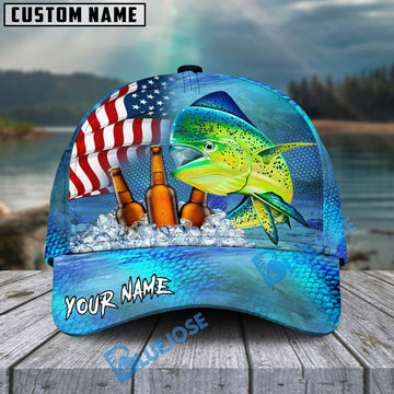 BlueJose Mahi-Mahi Fishing Beer USA Flag Personalized Cap