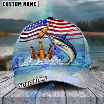 BlueJose Marlin Fishing American Flag Beer Personalized Cap