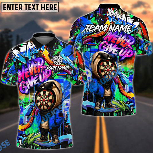 BlueJose Darts Graffiti Character Never Give Up Personalized Name, Team Name Unisex Shirt (4 Colors)