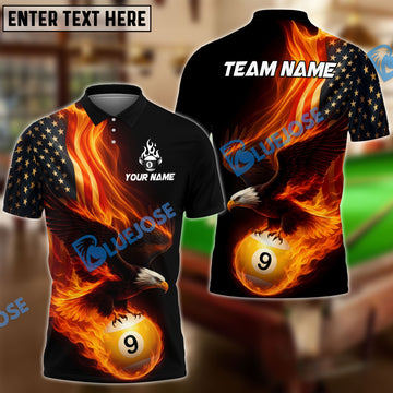 BlueJose Billiards Ball 9 Eagle Flag Flame Personalized Name Shirt (4 Colors)