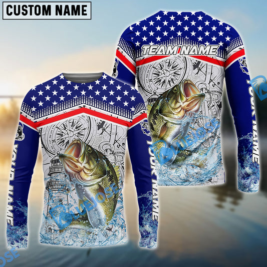 Bluejose Bass Fishing American Anchor Compass Lighthouse Graphic Custom Name & Team Name 3D Shirts