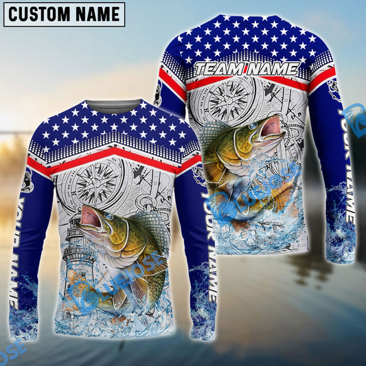 Bluejose Walleye Fishing American Anchor Compass Lighthouse Graphic Custom Name & Team Name 3D Shirts