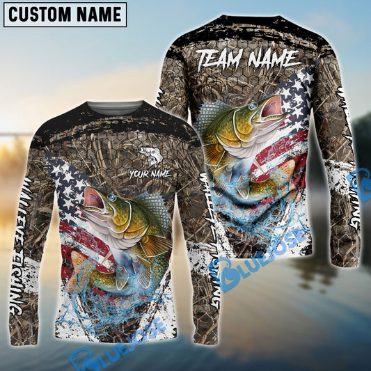 Bluejose Walleye Fishing American Flag Scratch Grass Camo Custom Name & Team Name 3D Shirts