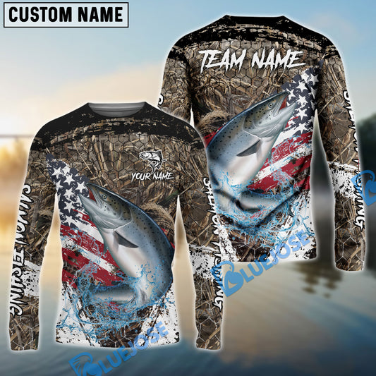 Bluejose Salmon Fishing American Flag Scratch Grass Camo Custom Name & Team Name 3D Shirts