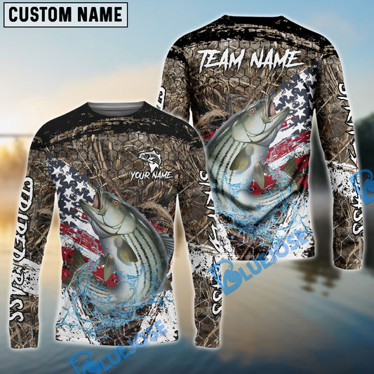 Bluejose Striped Bass Fishing American Flag Scratch Grass Camo Custom Name & Team Name 3D Shirts