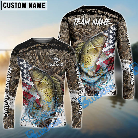 Bluejose Crappie Fishing American Flag Scratch Grass Camo Custom Name & Team Name 3D Shirts