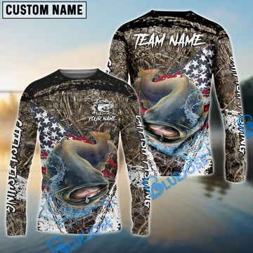 Bluejose Catfish Fishing American Flag Scratch Grass Camo Custom Name & Team Name 3D Shirts