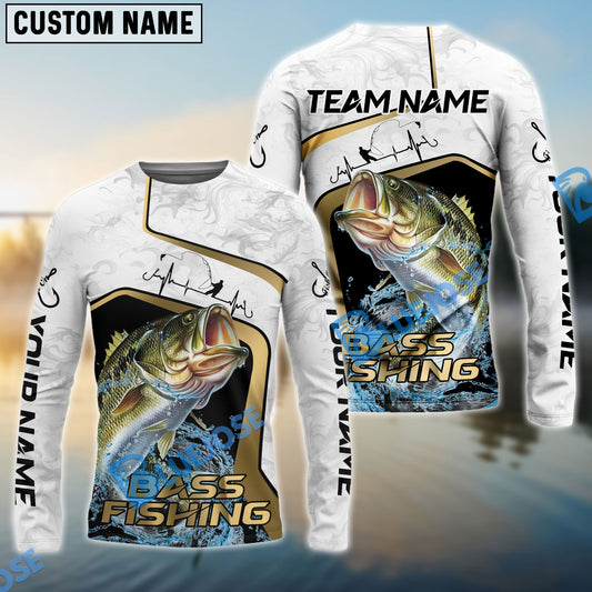 Bluejose Bass Fishing White Marble & Gold Trim Splash Heartbeat Line Custom Name & Team Name 3D Shirts