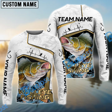 Bluejose Walleye Fishing White Marble & Gold Trim Splash Heartbeat Line Custom Name & Team Name 3D Shirts