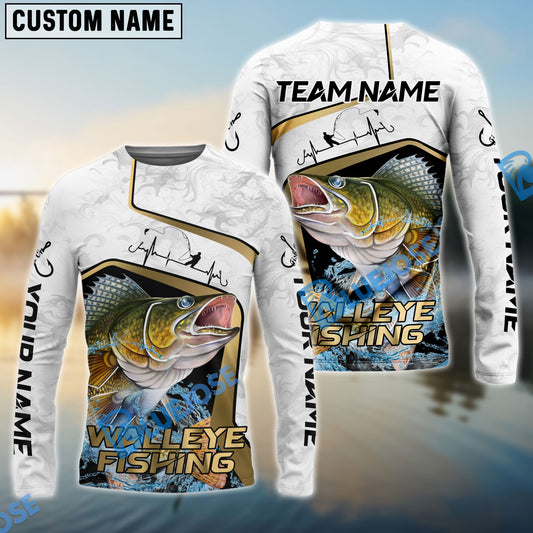 Bluejose Walleye Fishing White Marble & Gold Trim Splash Heartbeat Line Custom Name & Team Name 3D Shirts