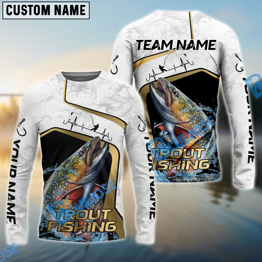 Bluejose Trout Fishing White Marble & Gold Trim Splash Heartbeat Line Custom Name & Team Name 3D Shirts