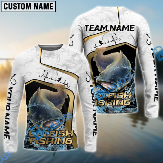 Bluejose Catfish Fishing White Marble & Gold Trim Splash Heartbeat Line Custom Name & Team Name 3D Shirts