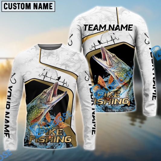 Bluejose Pike Fishing White Marble & Gold Trim Splash Heartbeat Line Custom Name & Team Name 3D Shirts