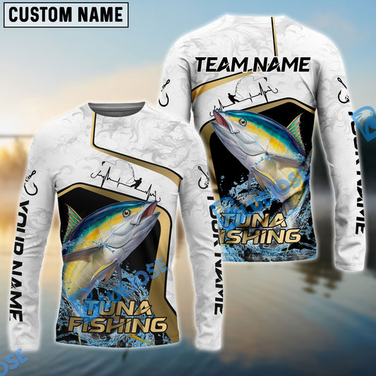 Bluejose Tuna Fishing White Marble & Gold Trim Splash Heartbeat Line Custom Name & Team Name 3D Shirts