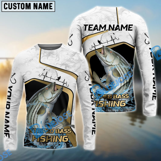 Bluejose Striped Bass Fishing White Marble & Gold Trim Splash Heartbeat Line Custom Name & Team Name 3D Shirts