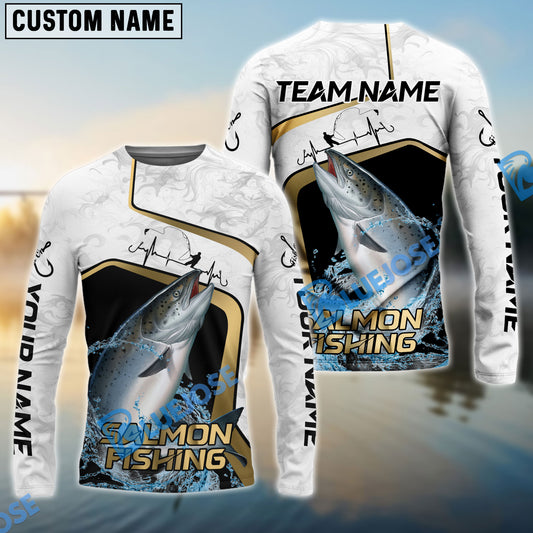 Bluejose Salmon Fishing White Marble & Gold Trim Splash Heartbeat Line Custom Name & Team Name 3D Shirts
