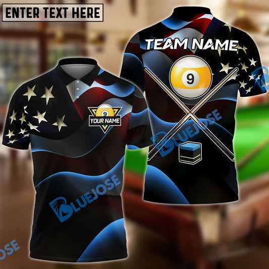 BlueJose Billiards Ball 8 & Ball 9 American Flag Cross Cue Personalized Shirt (2 Colors)