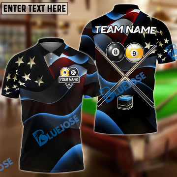 BlueJoses Billiards Ball 8 & 9 American Flag Cross Cue Customized Name, Team Name 3D Shirt