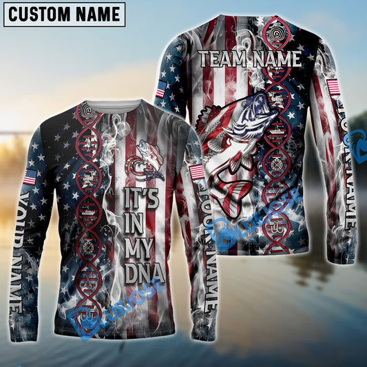 Bluejose Bass Fishing American Flag Smoke & Red DNA Helix Firefighter Icons Custom Name & Team Name 3D Shirts