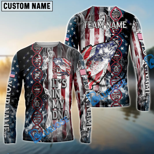 Bluejose Crappie Fishing American Flag Smoke & Red DNA Helix Firefighter Icons Custom Name & Team Name 3D Shirts