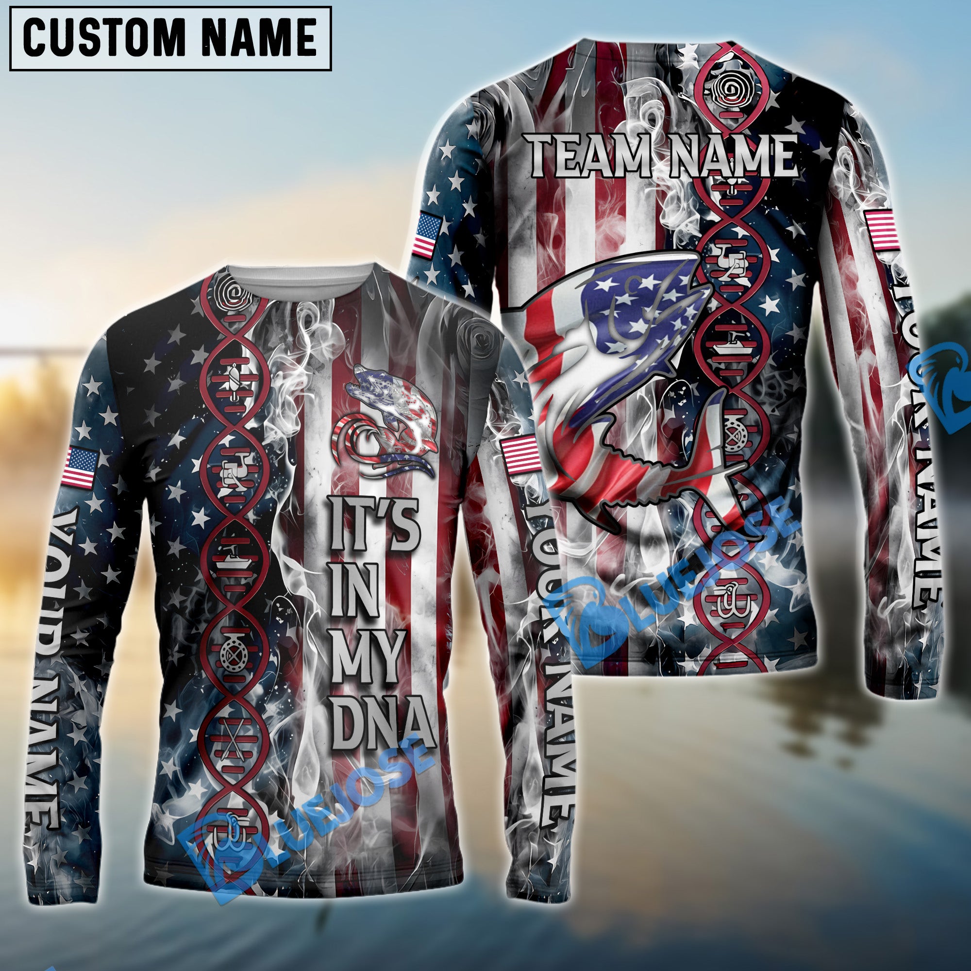 Bluejose Tuna Fishing American Flag Smoke & Red DNA Helix Firefighter ...