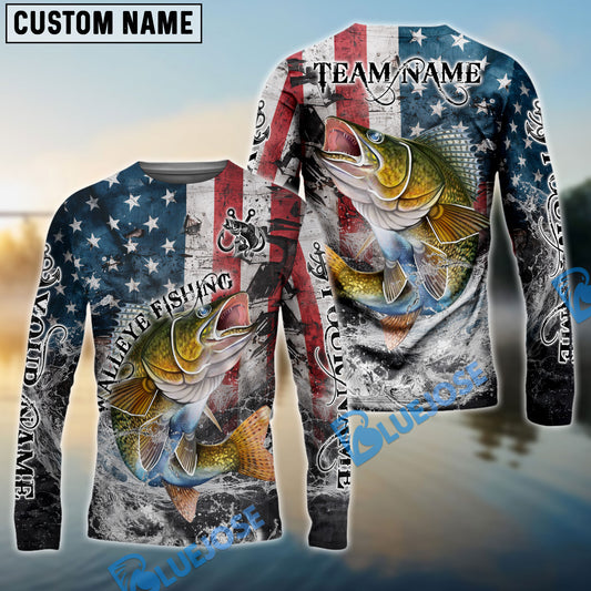Bluejose Walleye Fishing American Flag Vintage Splash Art Custom Name & Team Name 3D Shirts