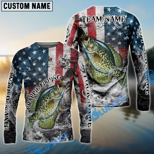 Bluejose Crappie Fishing American Flag Vintage Splash Art Custom Name & Team Name 3D Shirts